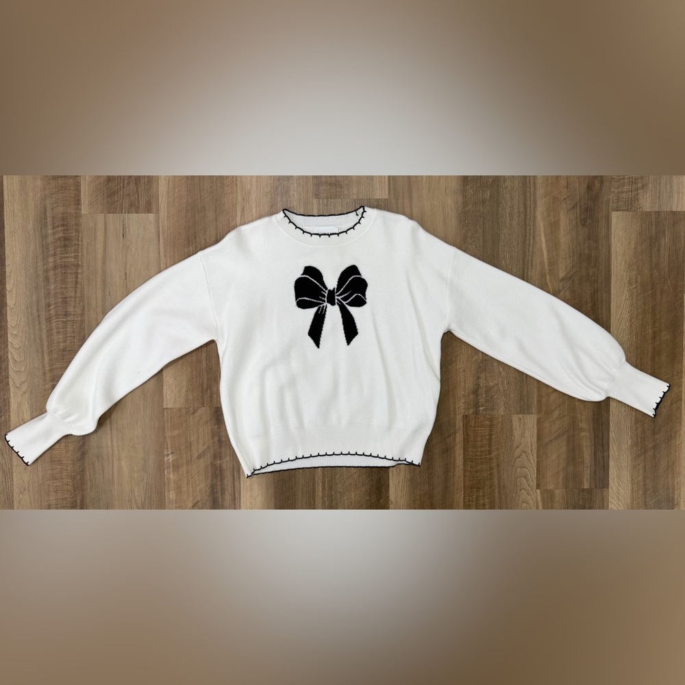 White Sweater with Black Bow Design Womens size medium